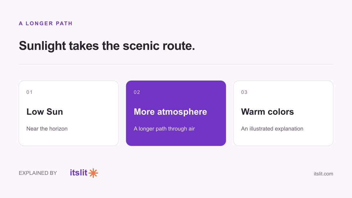A low Sun gives light a longer atmospheric path, producing warm colors.