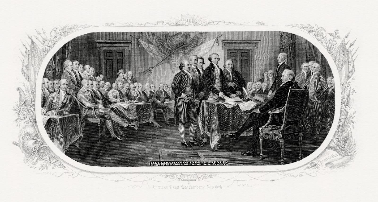Engraved scene of the drafting committee presenting the Declaration of Independence.