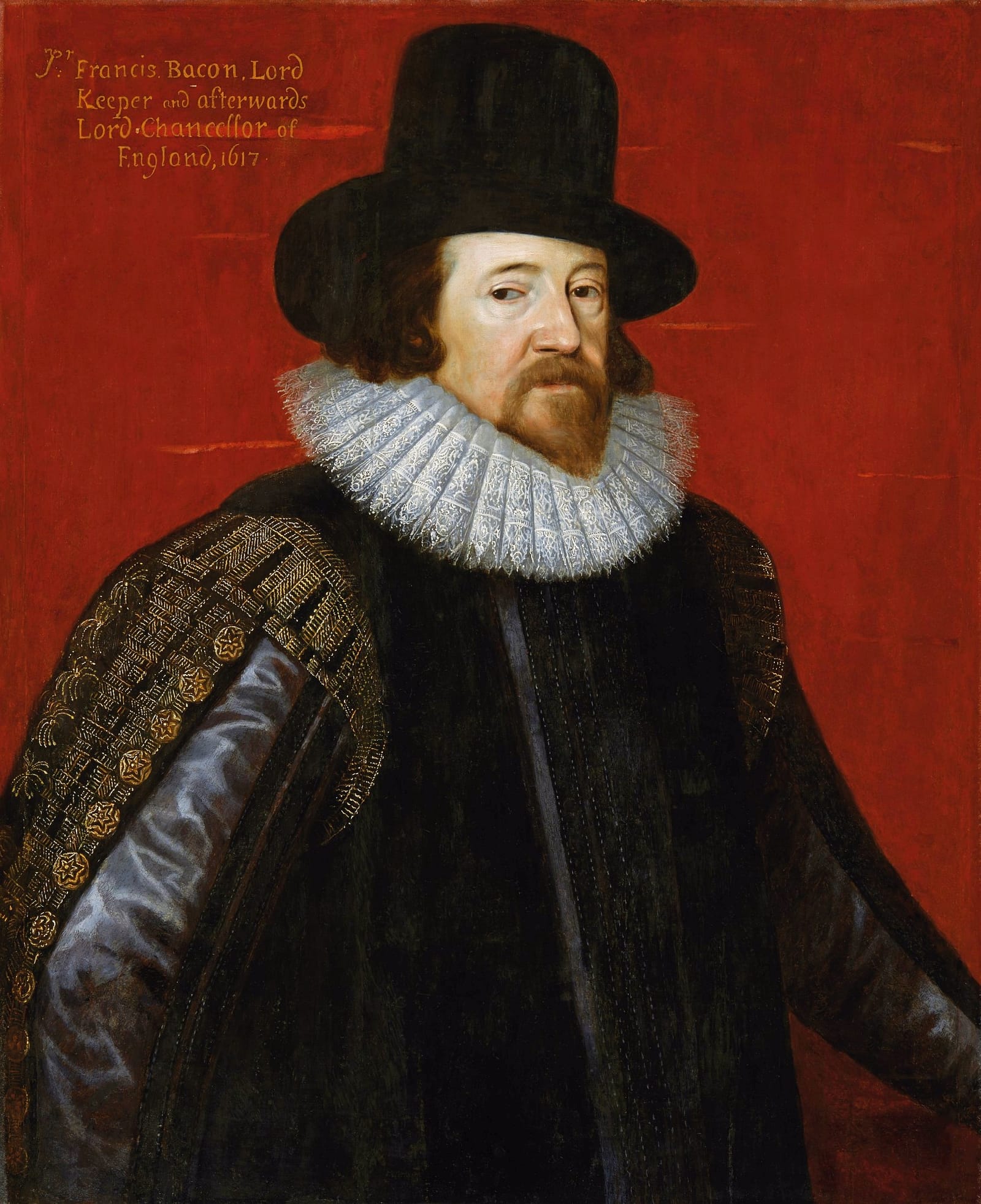 Portrait of Francis Bacon wearing a white ruff and dark robes.