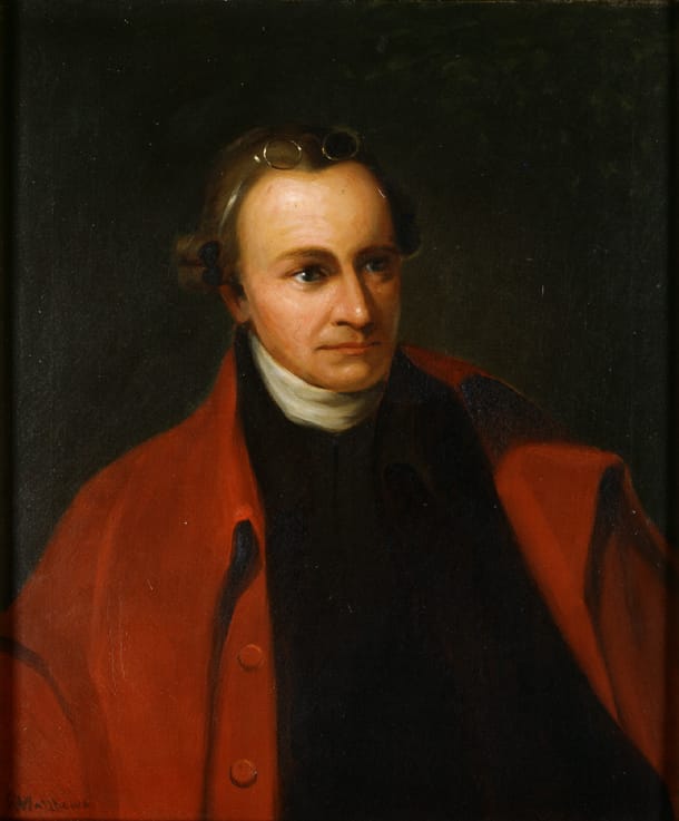 Painted portrait of Patrick Henry wearing a brown coat.