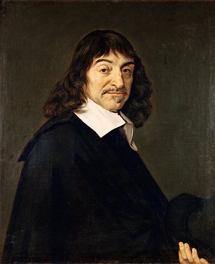 Painted portrait of René Descartes with a white collar and dark clothing.